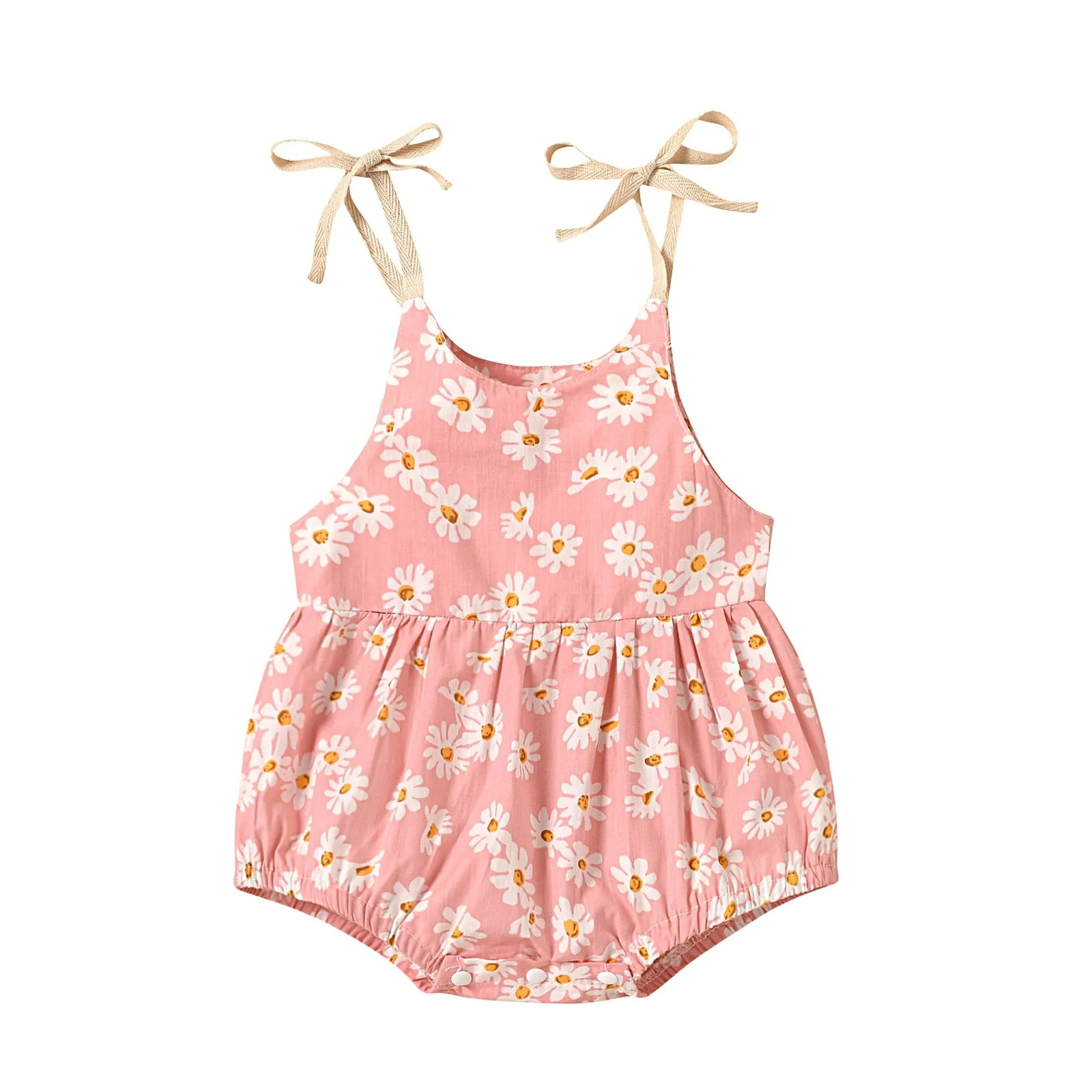 Daisy Print Cotton Tie Shoulders Romper , Color - Pink