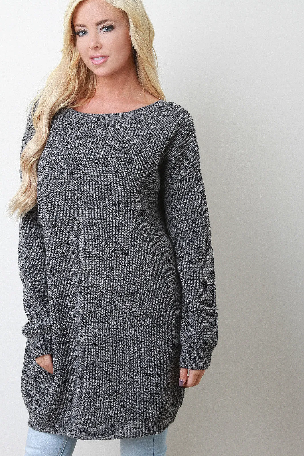 Deep Back V-Neck Long Sleeves Sweater Dress