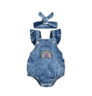 Denim Rainbow Ruffles Romper with Headband