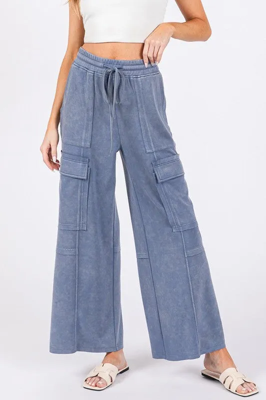 Denim Stretched Mineral Washed Cargo Pants