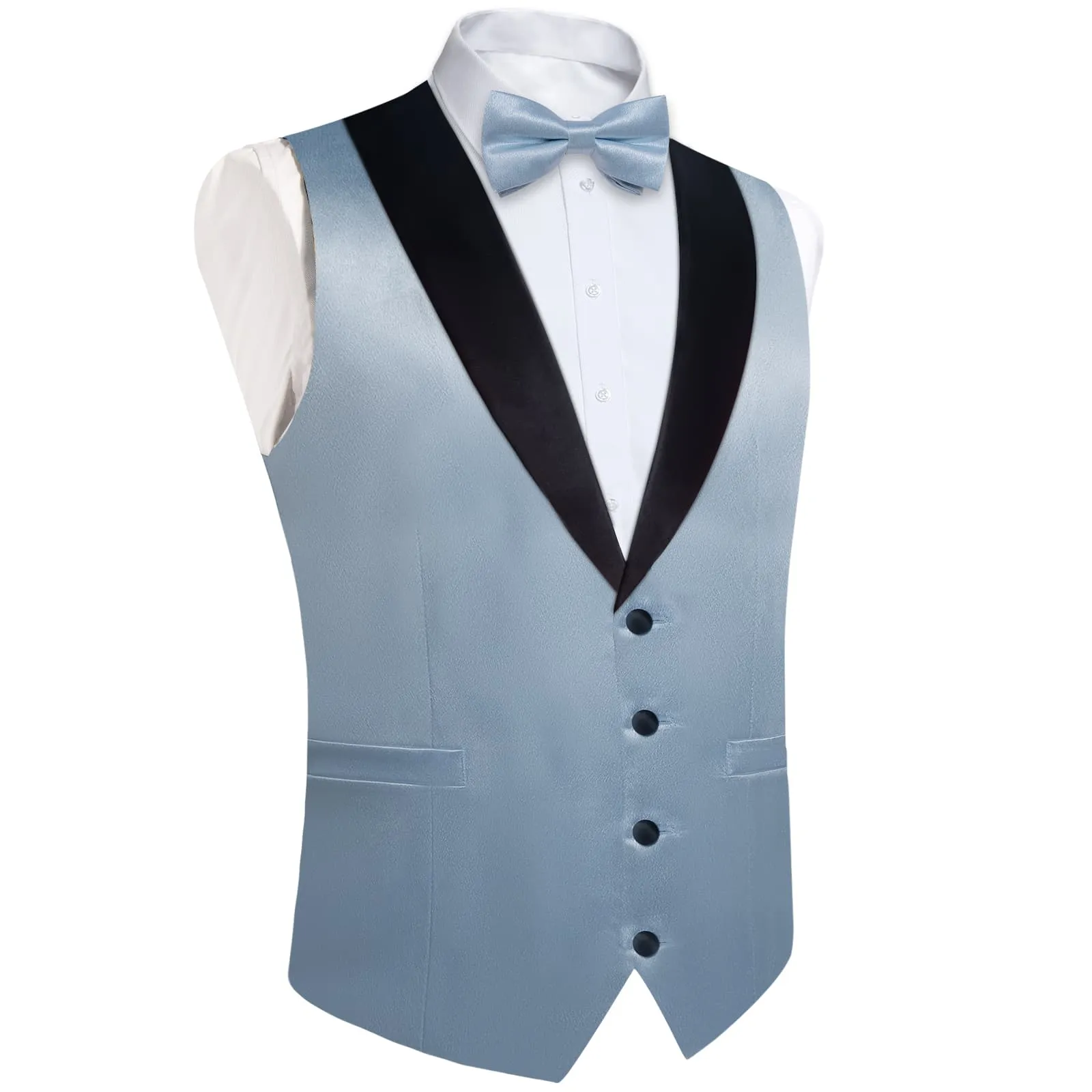 DiBanGu Tuxedo Vest Pastel Blue Solid Silk Mens Button Up Dress Vest and Bow Tie Set