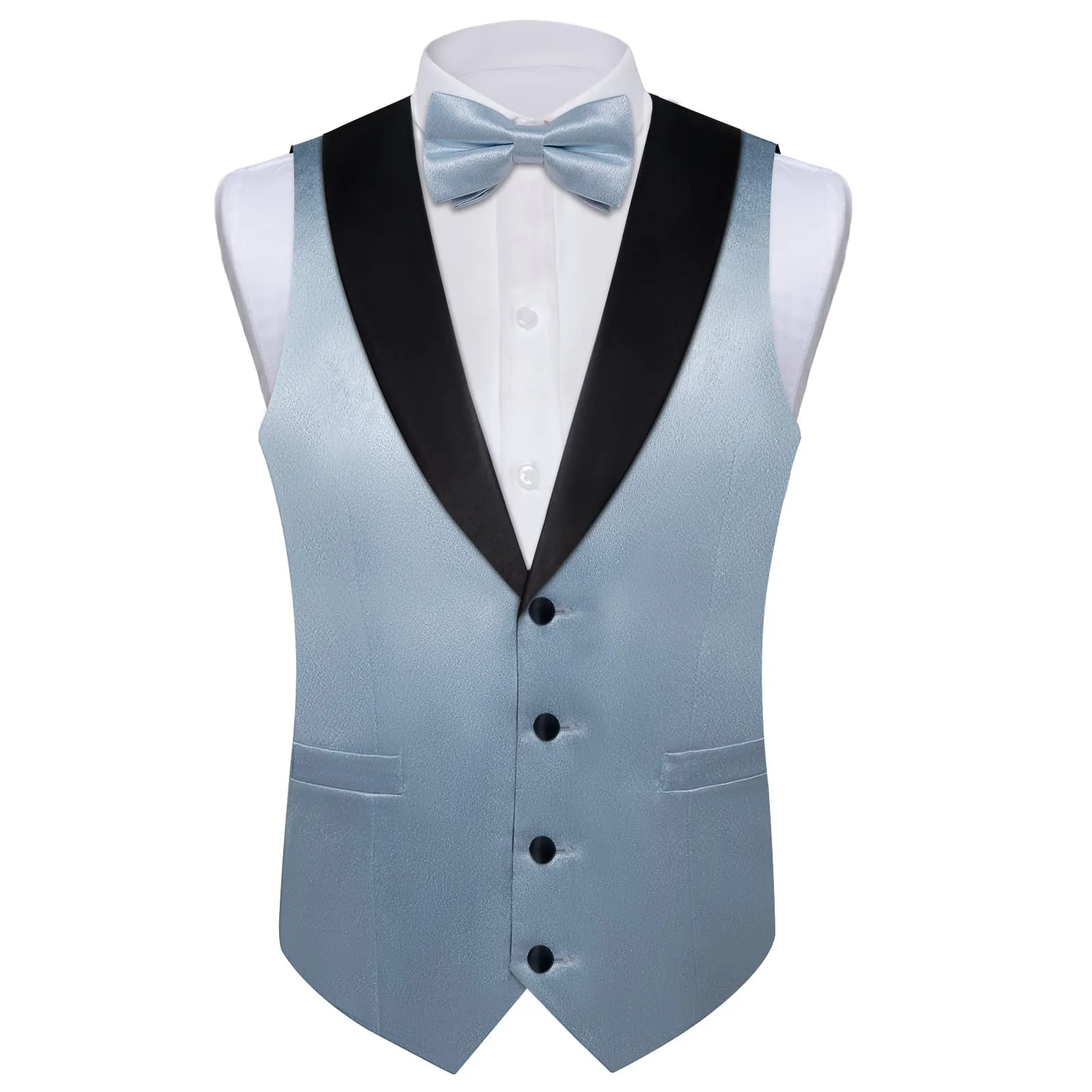 DiBanGu Tuxedo Vest Pastel Blue Solid Silk Mens Button Up Dress Vest and Bow Tie Set