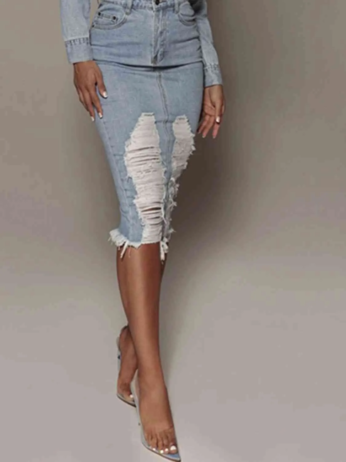 Distressed Slit Denim Midi Skirt