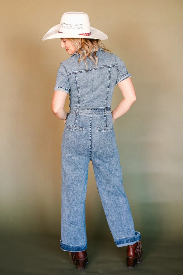 Donna Short Sleeve Cropped Denim Jumpsuit ✜ON SALE NOW✜