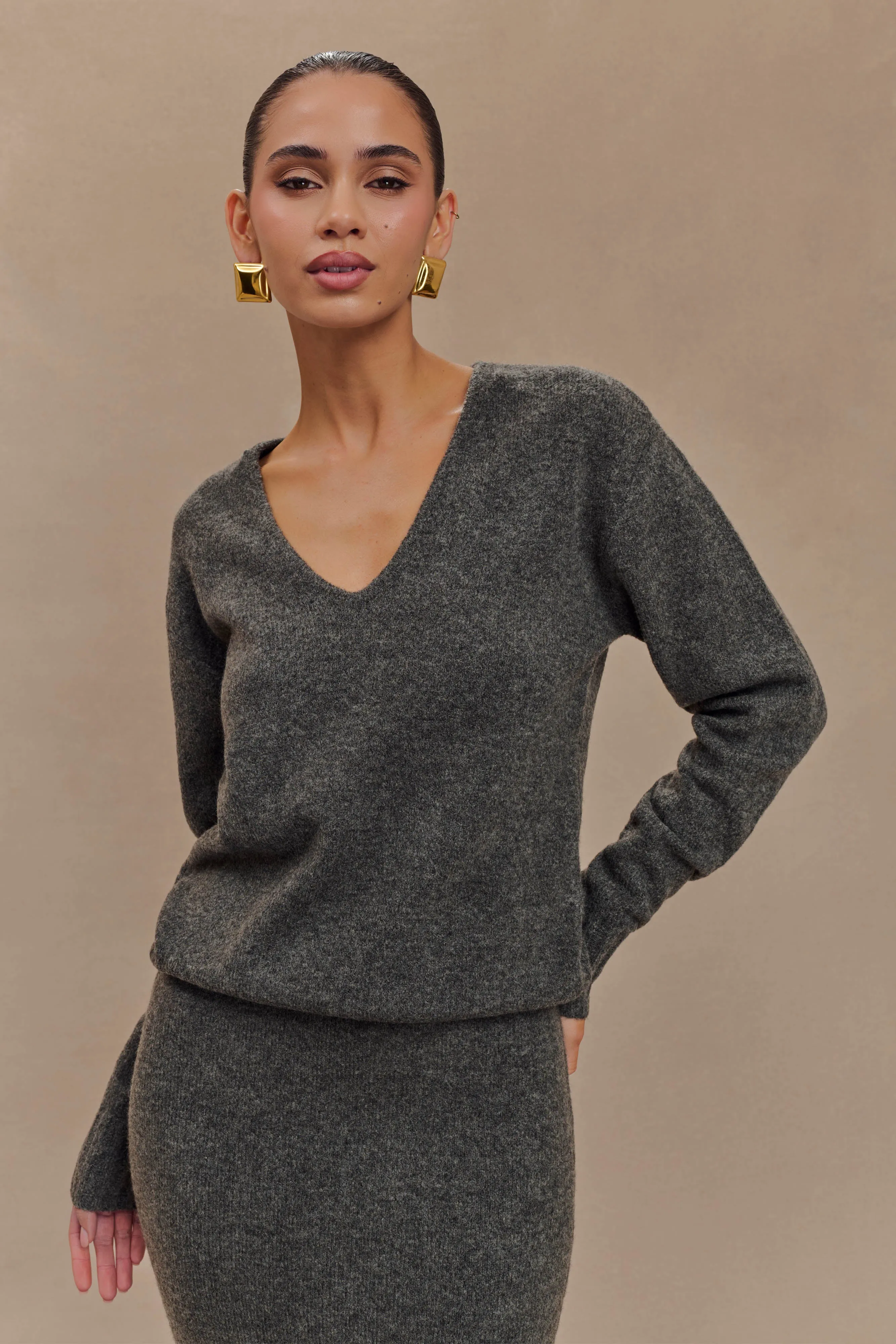 Ella V Neck Knit Jumper With Scarf - Charcoal Marle