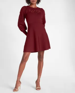 Eyelet Lace Fit And Flare Sweater Dress in Wine