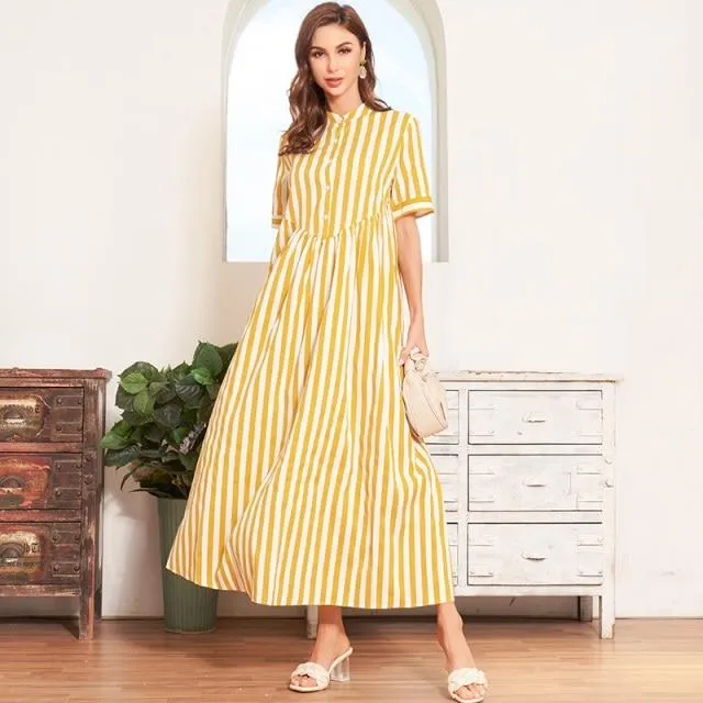 FashionSierra - New Summer Women Yellow Striped Long Dress Button Short-Sleeve Maxi Dress Plus Size Dress Casual Loose Fat Large Dresses