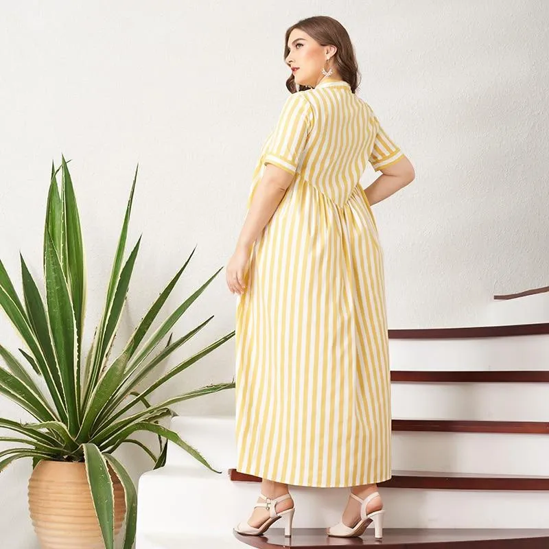 FashionSierra - New Summer Women Yellow Striped Long Dress Button Short-Sleeve Maxi Dress Plus Size Dress Casual Loose Fat Large Dresses