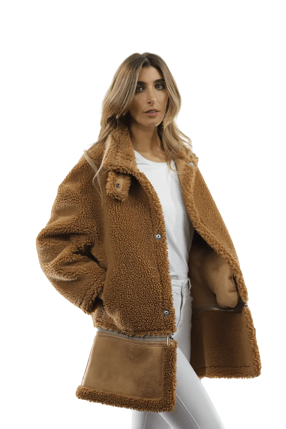 Faux Fur Coat with Zipper detail - Brown