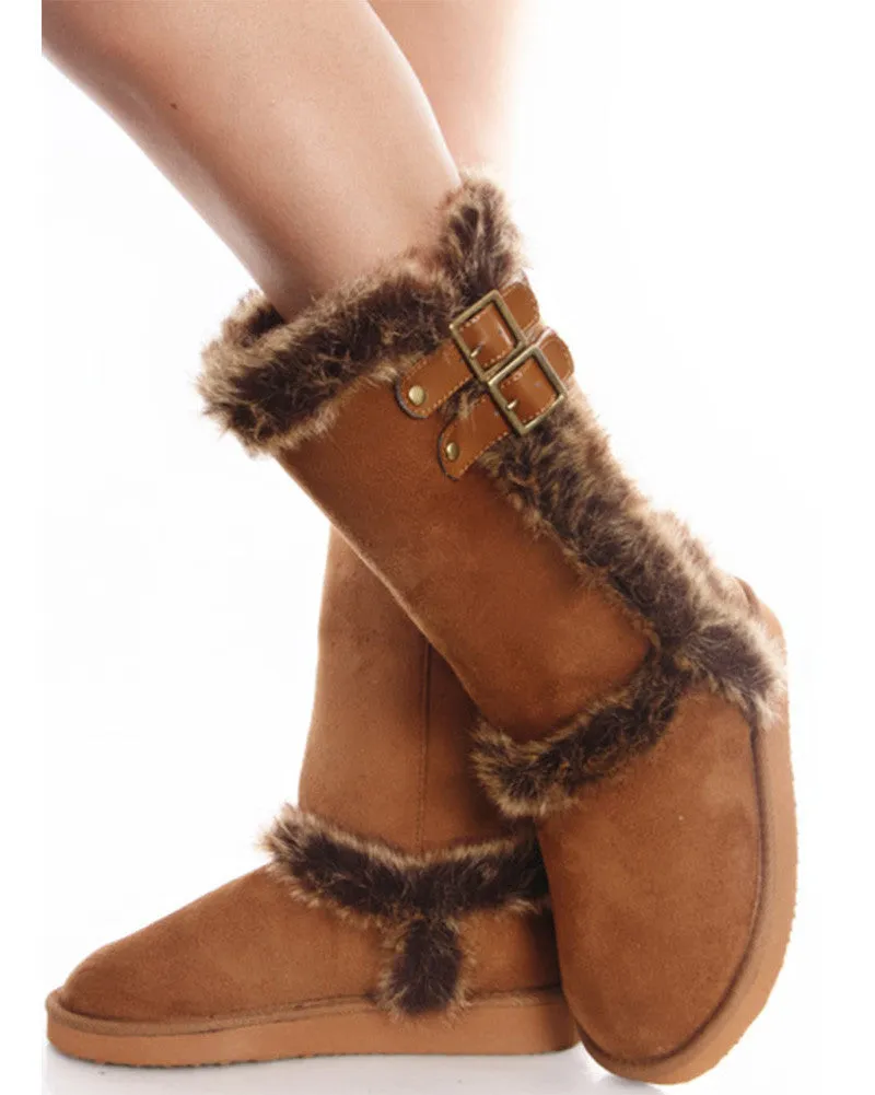 Furry Shearling Vegan Faux Suede Double Buckle Boots