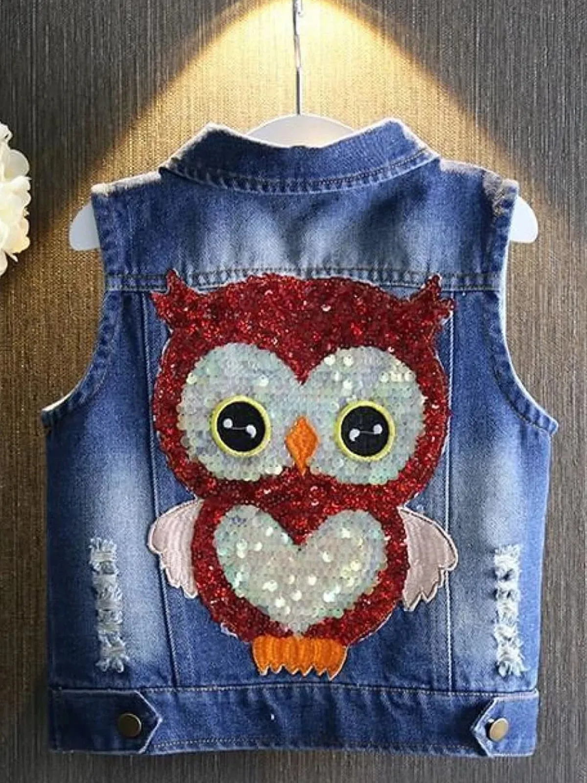 Girls Denim Vest with Owl Applique