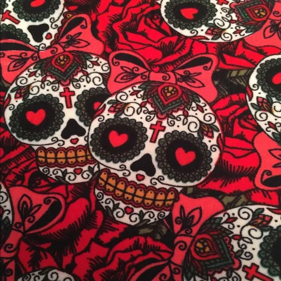 Girls Skull Rose Leggings, Kids Yoga Pants, Sizes S/L, No-Roll Waist, Red/Black