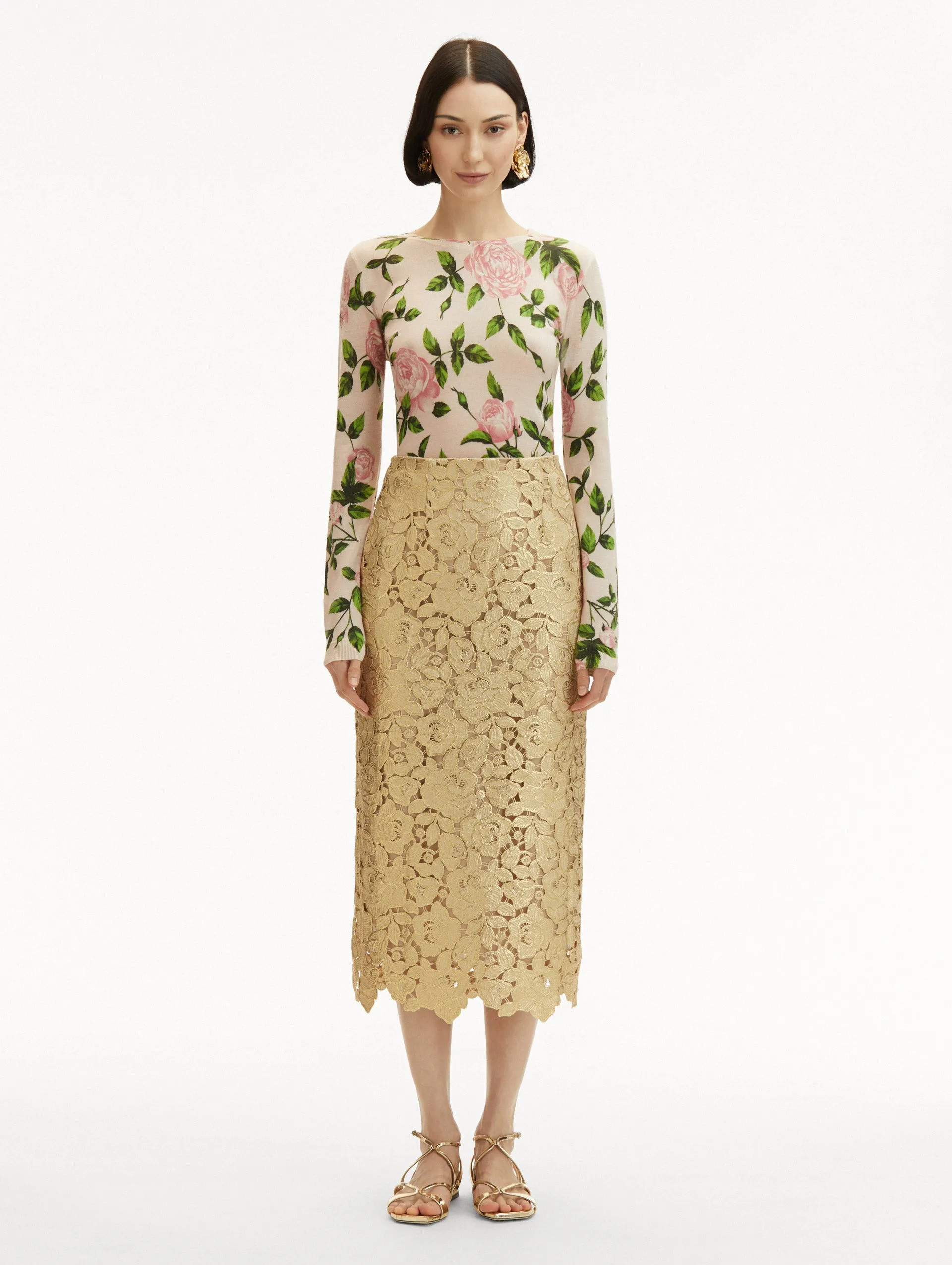 Gold Foil Rose Guipure Skirt