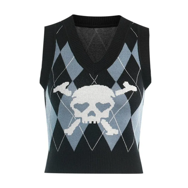 Gothic Skull And Crossbones Print Sweater Vest Sleeveless Jumper Women's Jumper Girls Jumper Goth Rock Fashion Heart Eyes