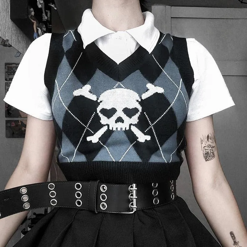 Gothic Skull And Crossbones Print Sweater Vest Sleeveless Jumper Women's Jumper Girls Jumper Goth Rock Fashion Heart Eyes