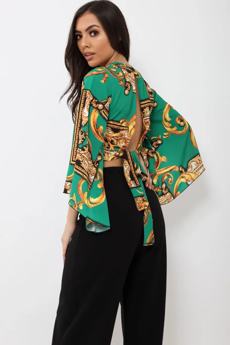 Green Scarf Print Plunge Top - Hatty