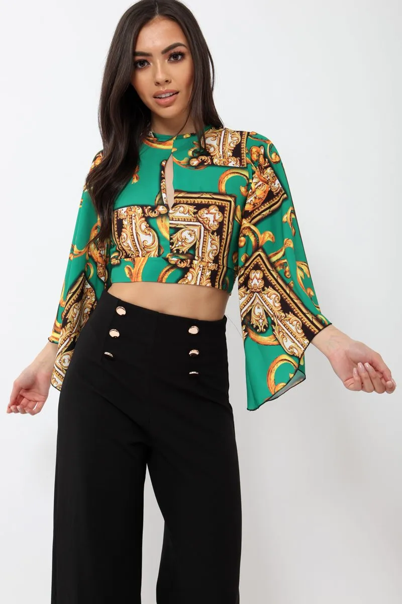 Green Scarf Print Plunge Top - Hatty