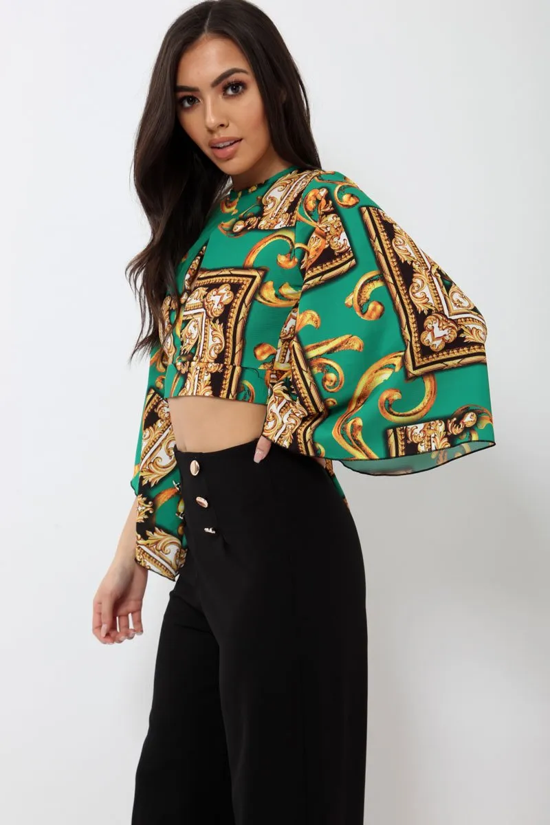 Green Scarf Print Plunge Top - Hatty