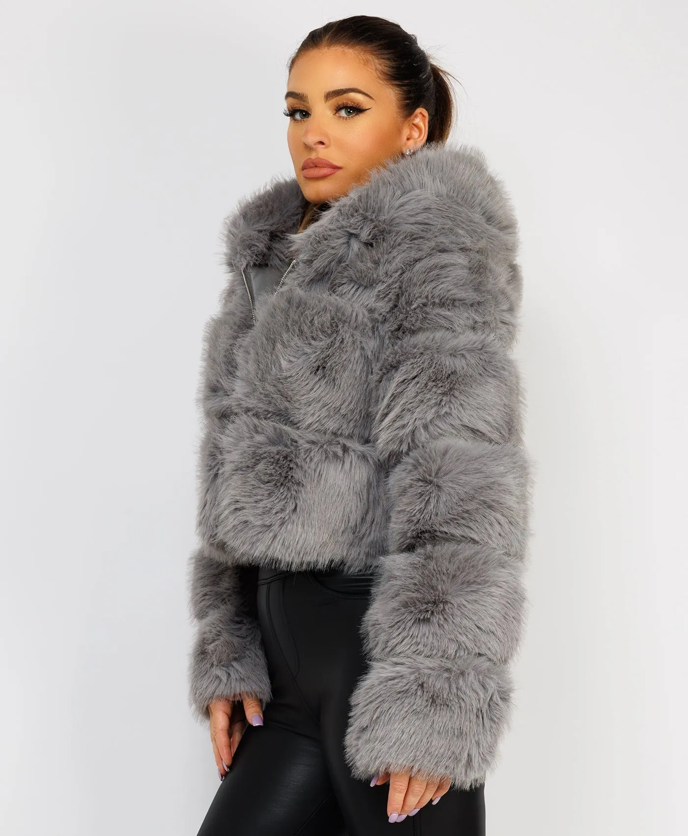 Grey Premium Hooded Faux Fur Tiered Coat Jacket