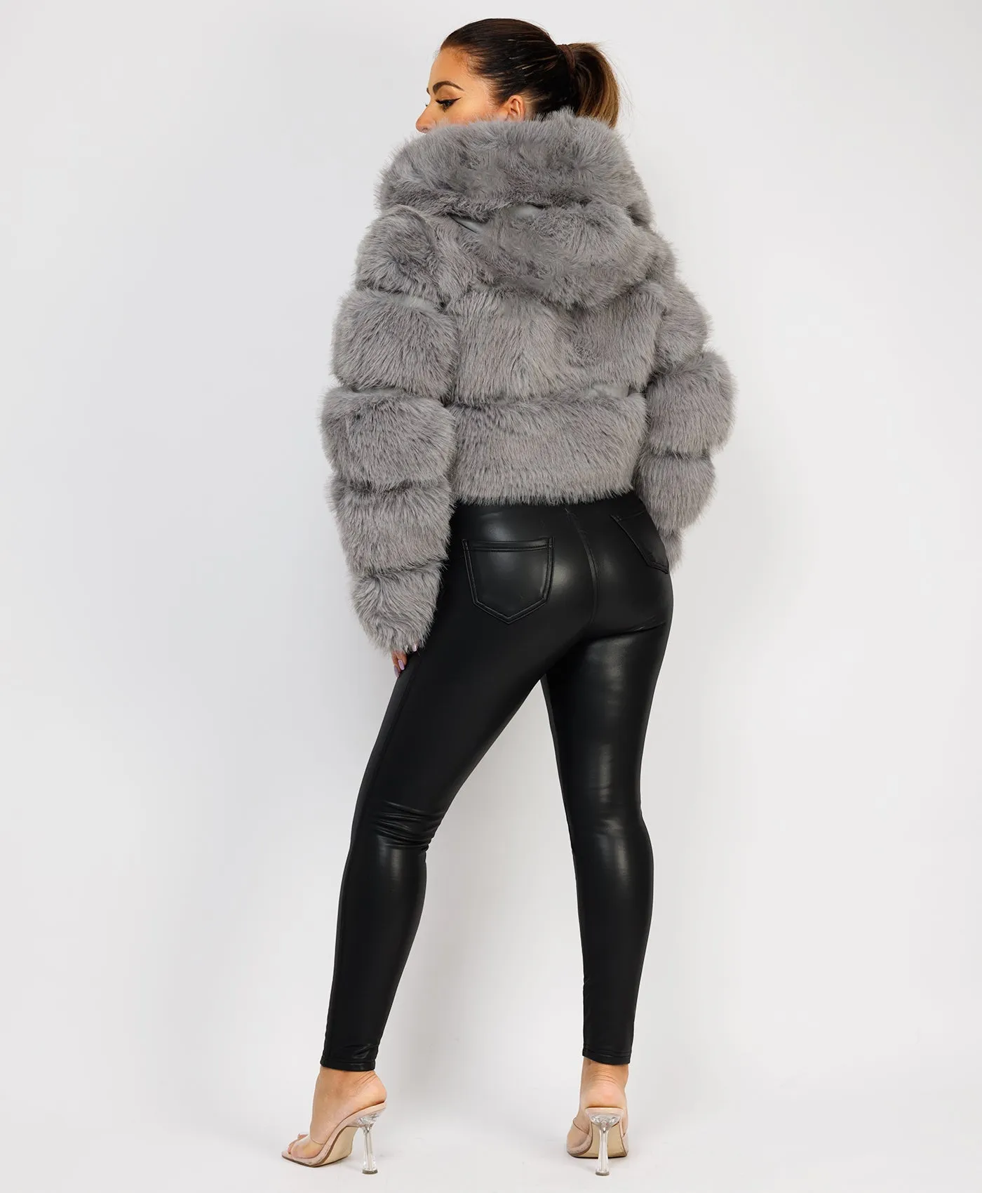 Grey Premium Hooded Faux Fur Tiered Coat Jacket