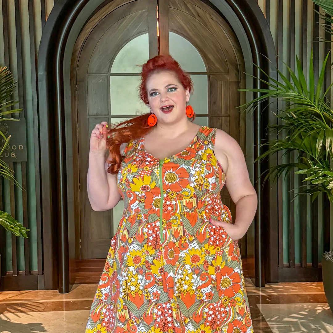 Grooviest Blooms Fit & Flare Midi Dress in Olive & Orange