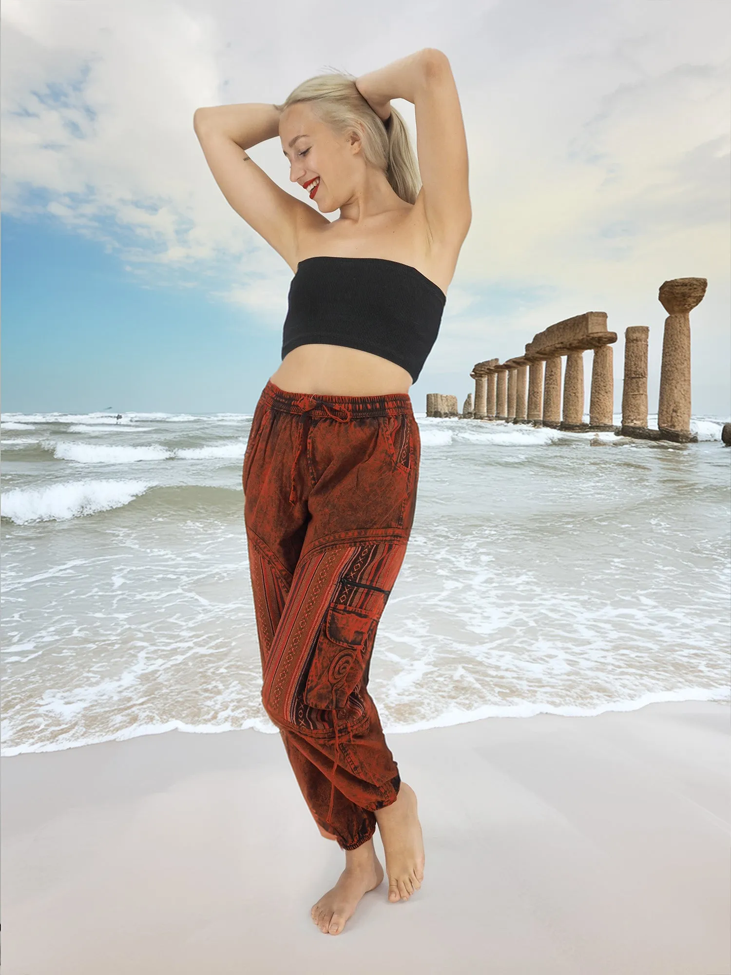 Handmade Unisex Boho Cotton Hippie Yoga Pants Size S/M-L/XL-XXL Red