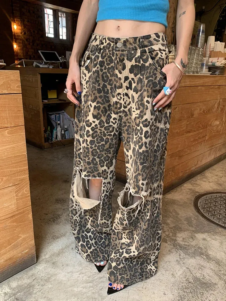 HEYFANCYSTYLE Leopard Ripped Wide Leg Jeans