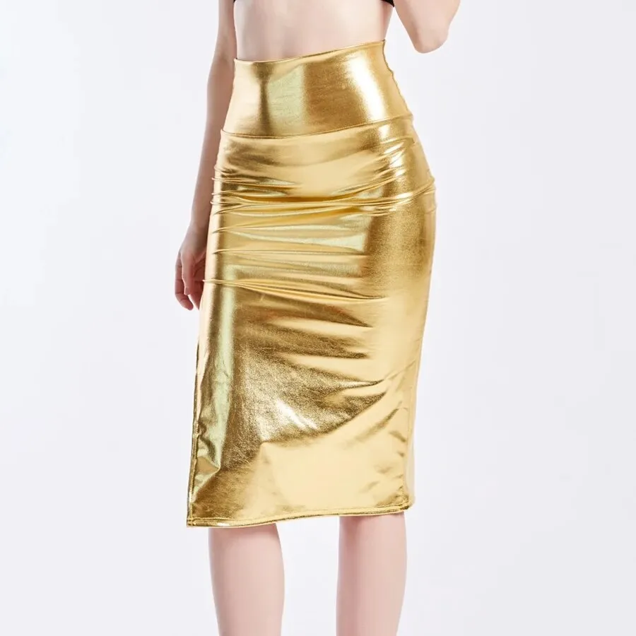 Holographic Split Festival Metallic Pencil Skirt