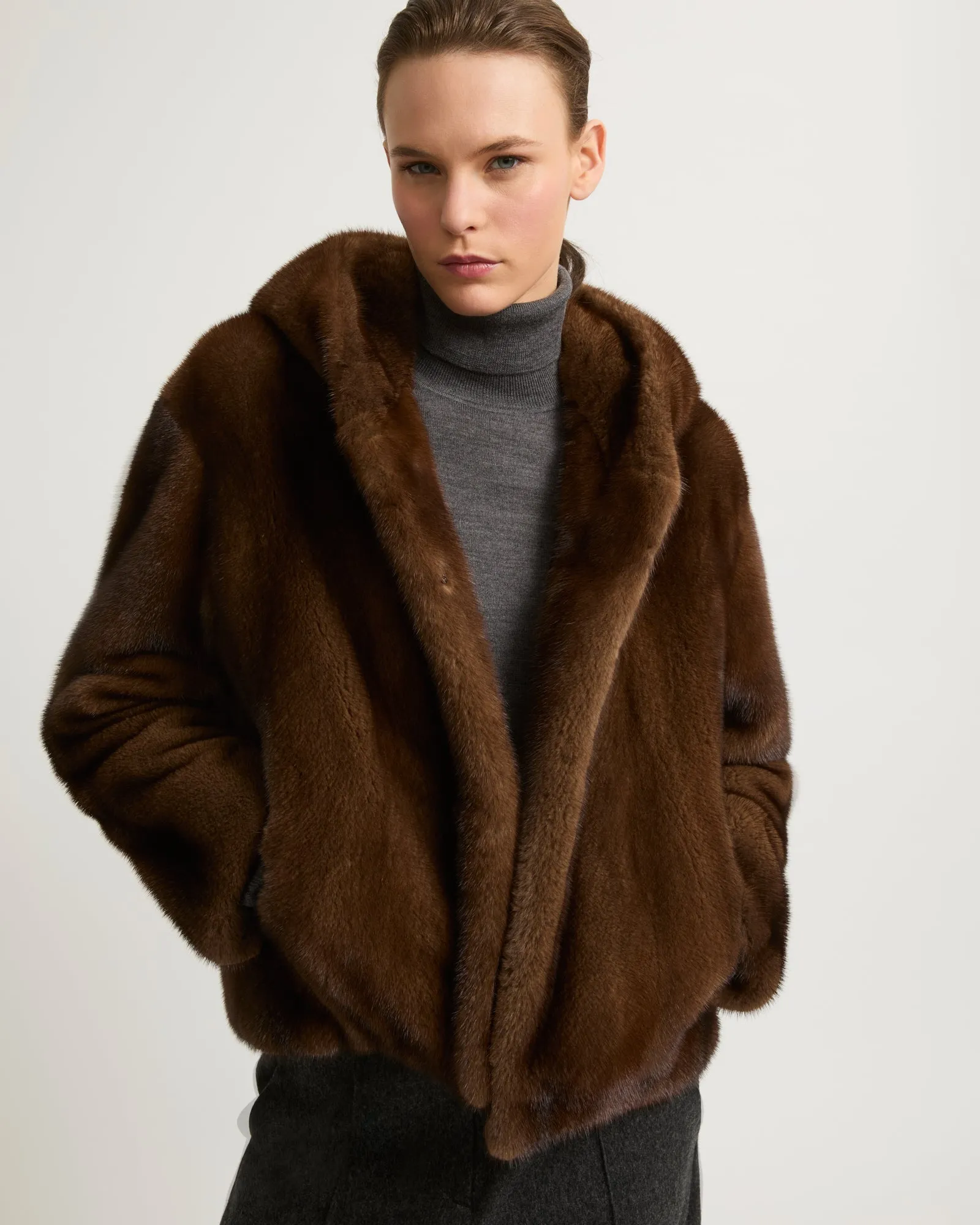 Hooded jacket in long-haired mink fur