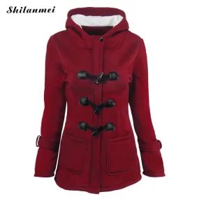 Horn button Jacket coat Winter Autumn women slim plus size warm Medium long hooded OverCoat 6XL 5XL 6 colors jacket for women