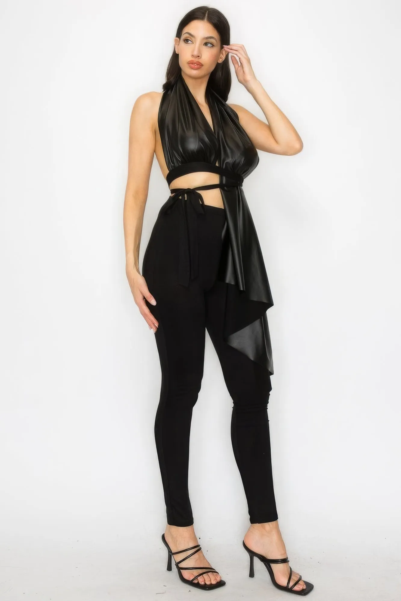 Hot Girl Farra Faux Leather Top and Pants Two Piece Set In Black