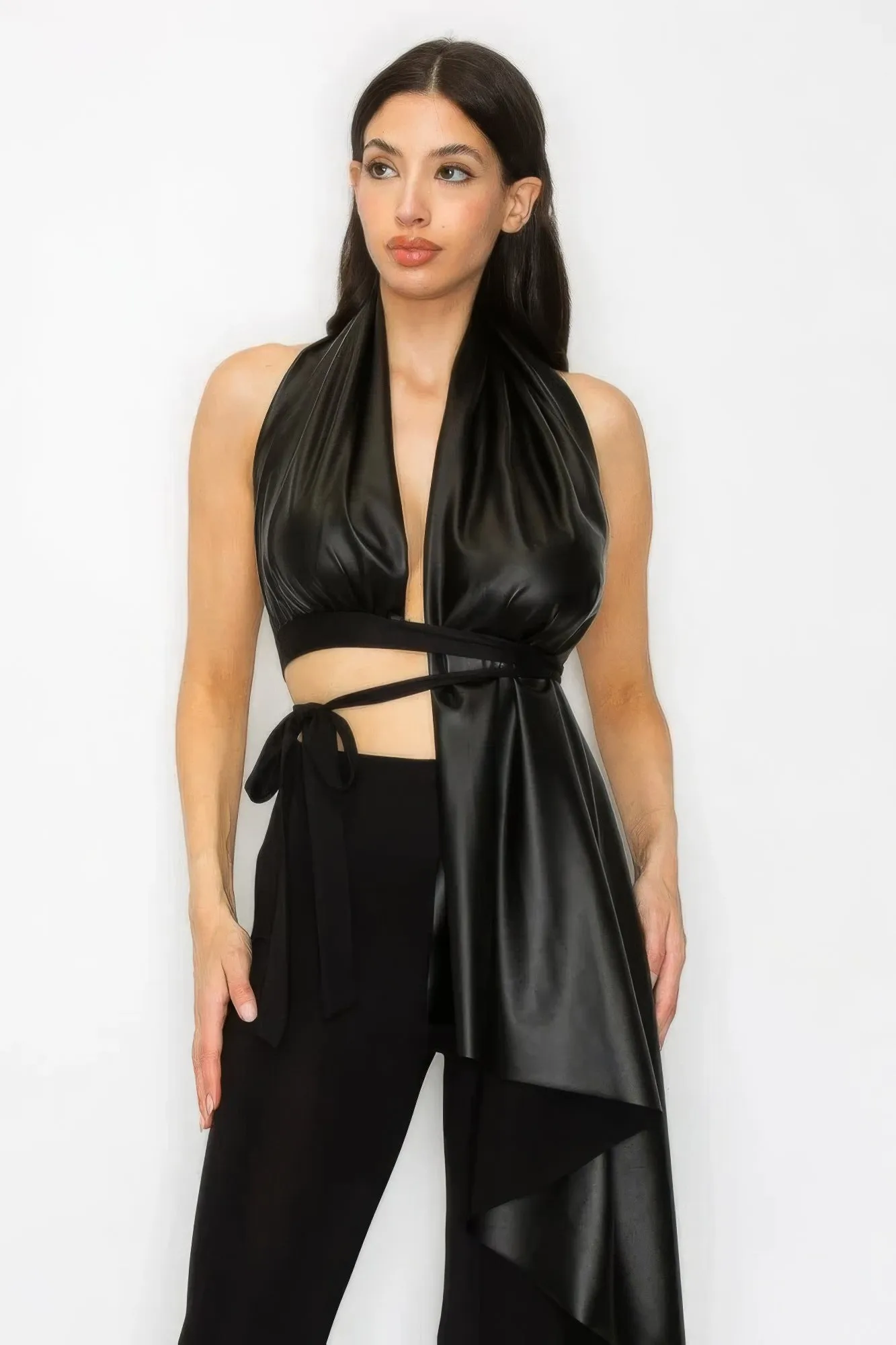 Hot Girl Farra Faux Leather Top and Pants Two Piece Set In Black