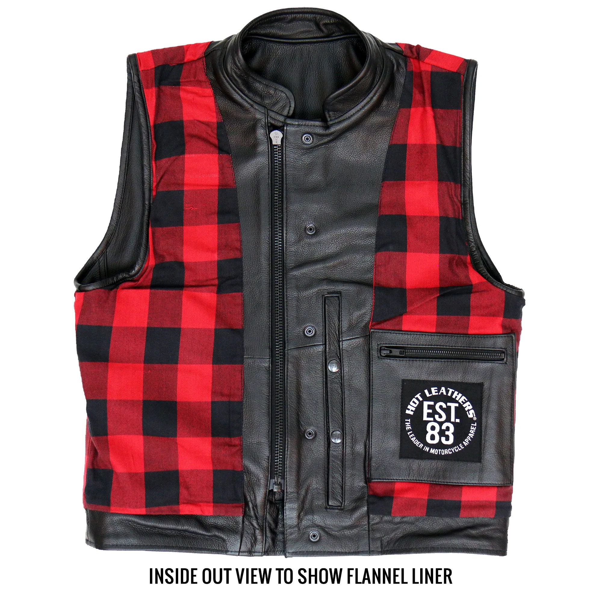 Hot Leathers VSM1060 Men's Black 'Flannel Red' Motorcycle Club Style Conceal and Carry Leather Biker Vest