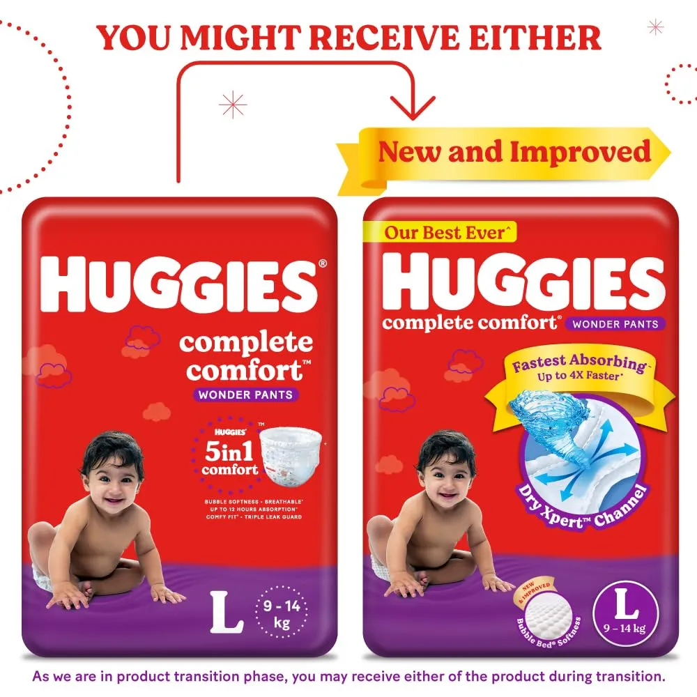 Huggies Complete Comfort Wonder Pants Large (L) Size (9-14 Kgs) Baby Diaper Pants, 42 count| India's Fastest Absorbing Diaper with upto 4x faster absorption | Unique Dry Xpert Channel