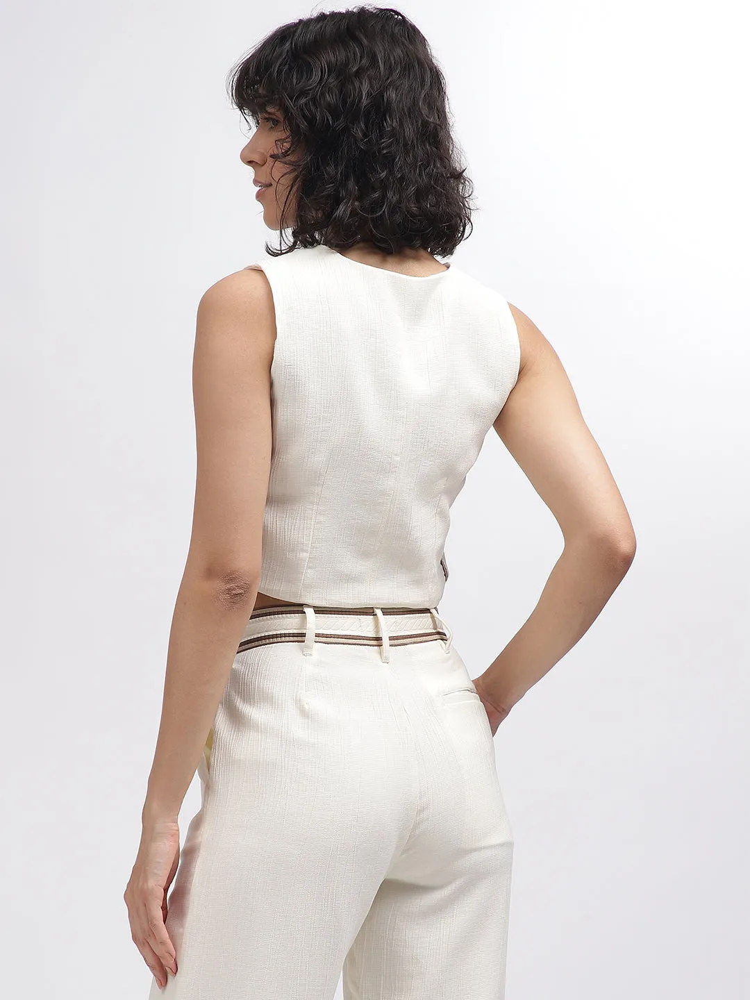 Iconic Women Off White Solid V-Neck Sleeveless Waist Coat