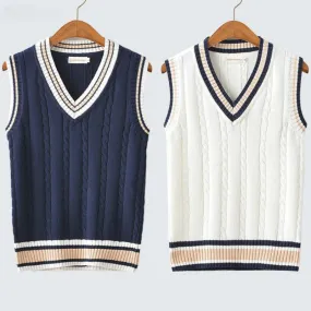 Ilooove Sweater Vest Men Thicken V-neck Sleeveless Knitted Sweaters Vests Striped Retro Preppy-style Simple Chic Loose Casual All-match