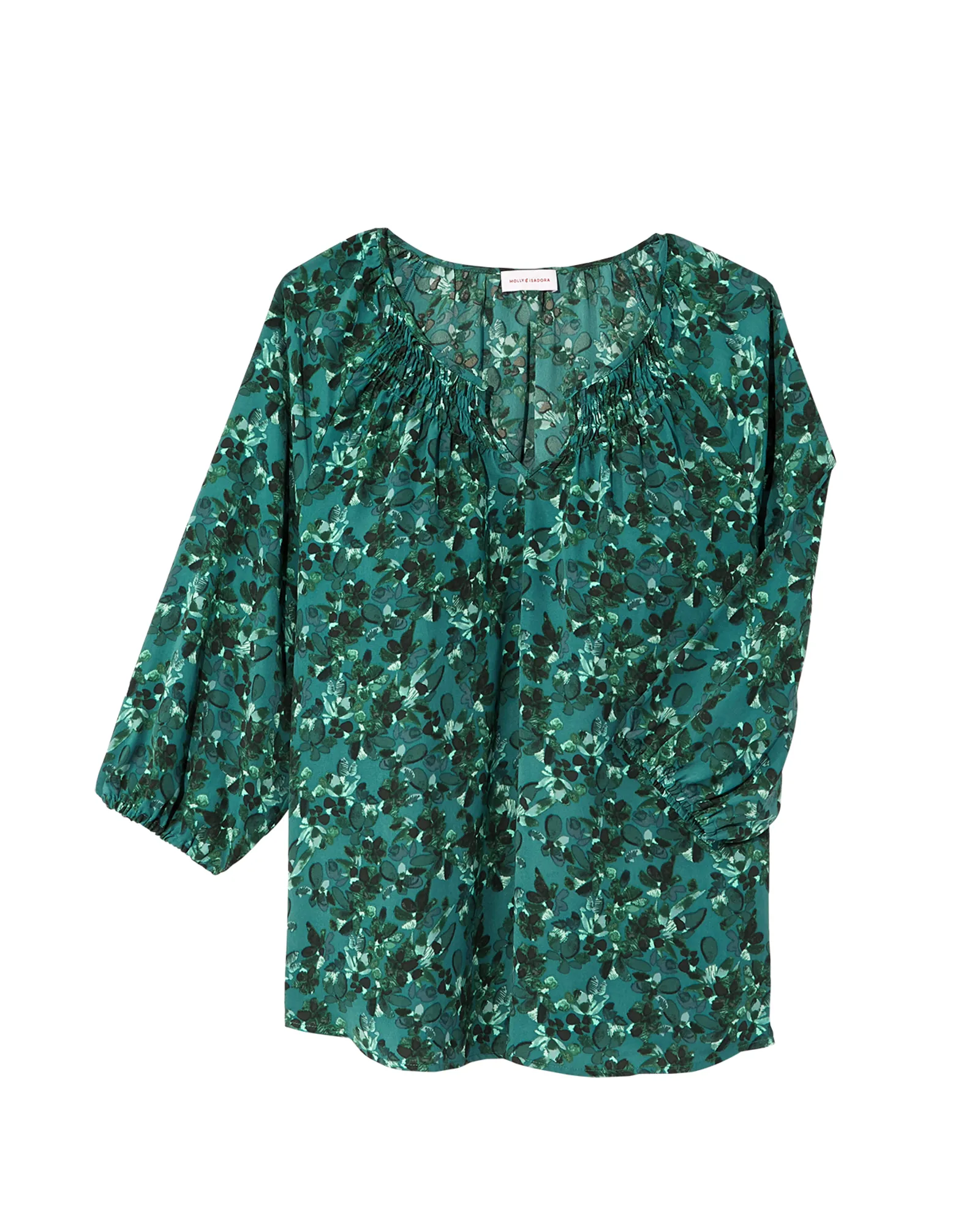 Jade 3/4 Sleeve Smocked Blouse | Turquoise / Forest Green