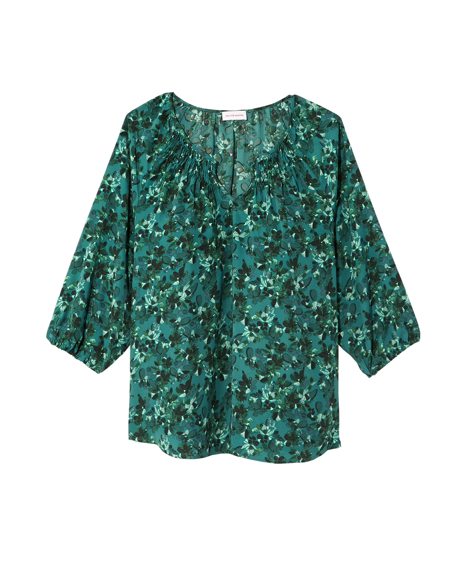 Jade 3/4 Sleeve Smocked Blouse | Turquoise / Forest Green