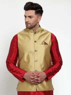 Jashvi Men's Gold Woven Jacquard Nehru Jacket