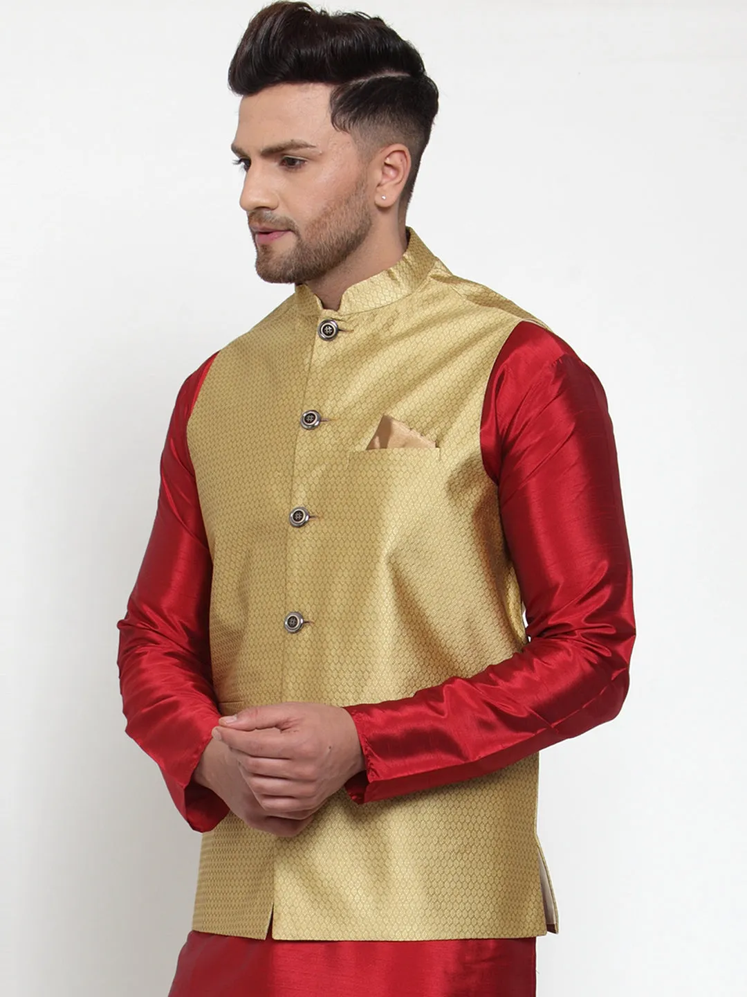 Jashvi Men's Gold Woven Jacquard Nehru Jacket