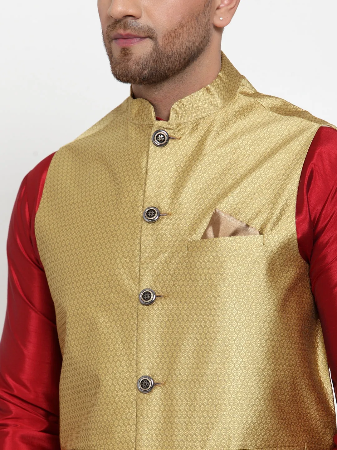 Jashvi Men's Gold Woven Jacquard Nehru Jacket