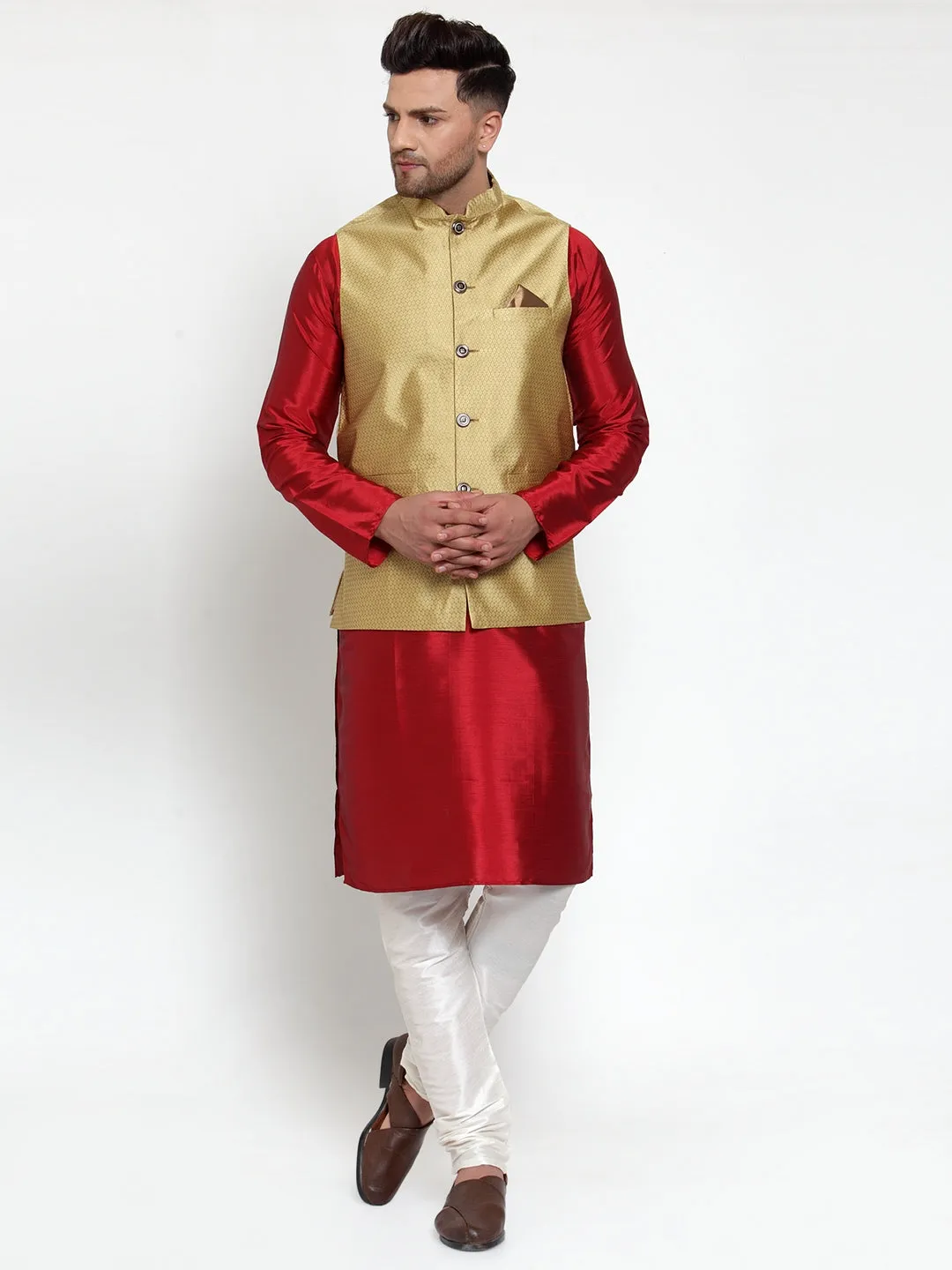 Jashvi Men's Gold Woven Jacquard Nehru Jacket