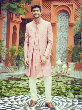 Jashvi Men's Onion Pink Solid Kurta Pant With Mirror Over Coat Combo Set