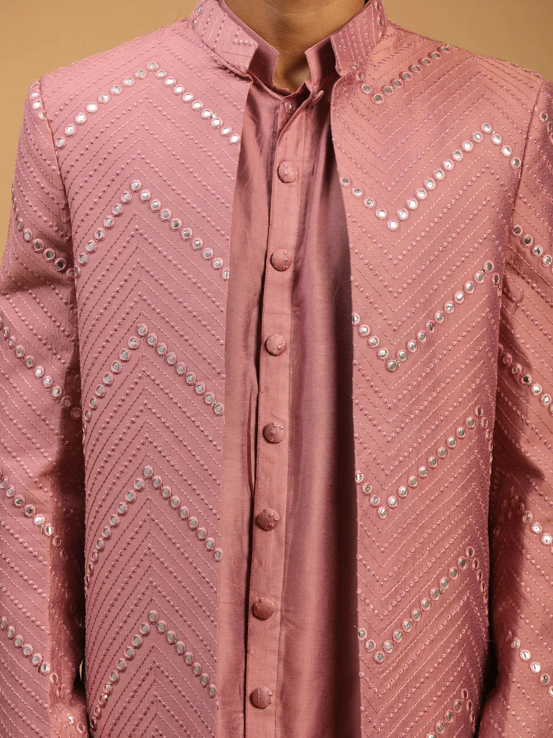 Jashvi Men's Onion Pink Solid Kurta Pant With Mirror Over Coat Combo Set