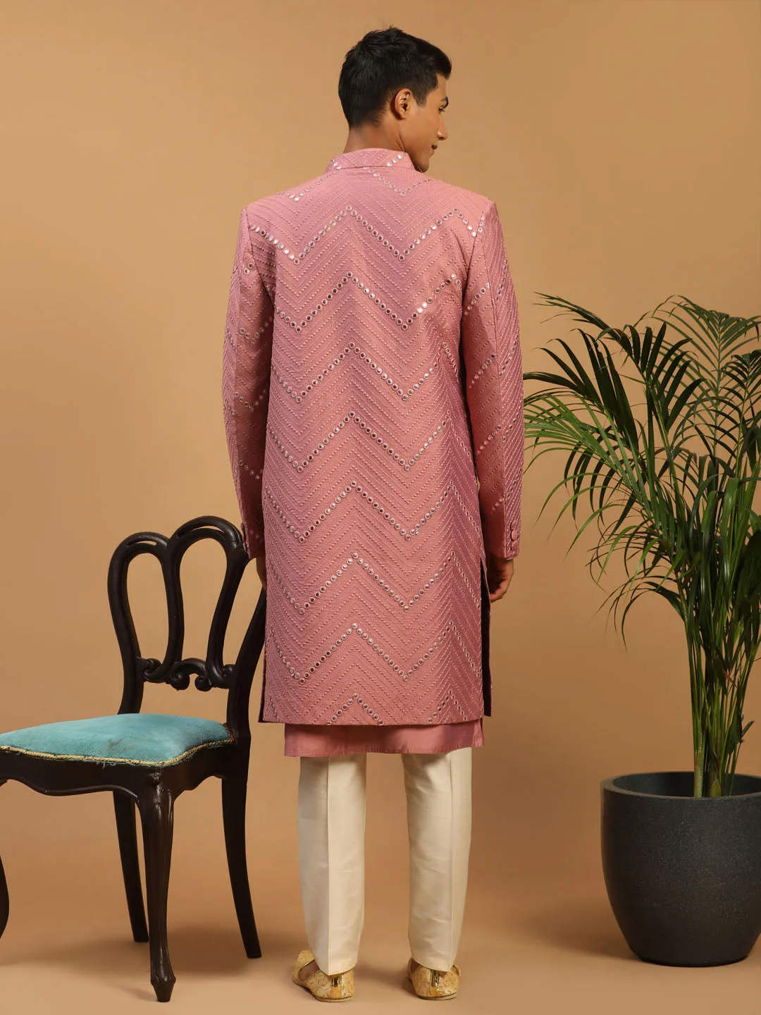 Jashvi Men's Onion Pink Solid Kurta Pant With Mirror Over Coat Combo Set