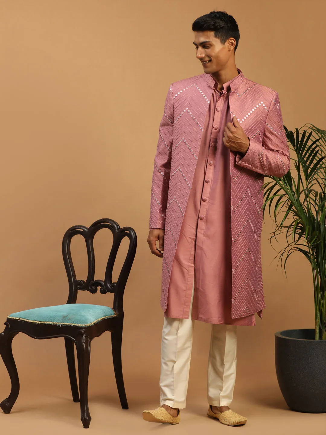 Jashvi Men's Onion Pink Solid Kurta Pant With Mirror Over Coat Combo Set