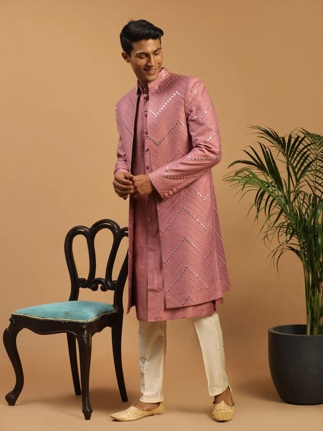 Jashvi Men's Onion Pink Solid Kurta Pant With Mirror Over Coat Combo Set