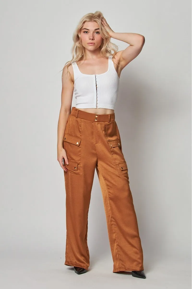 Jazzy Satin Mocha Cargo Pocket Wide Leg Pants