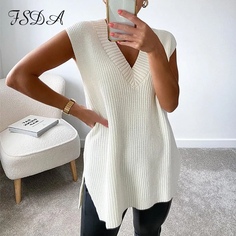 Joskaa Women V Neck Sleeveless Sweater Vest Knitted 2024 Jumper Autumn Winter Split White Korean Preppy Pullover Loose Top Casual