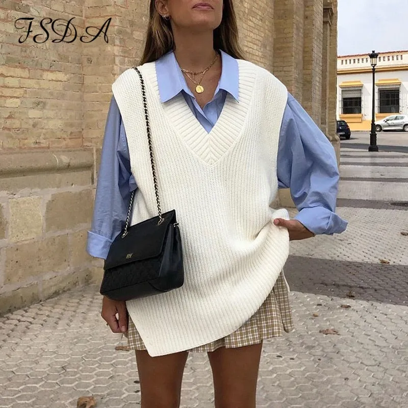 Joskaa Women V Neck Sleeveless Sweater Vest Knitted 2024 Jumper Autumn Winter Split White Korean Preppy Pullover Loose Top Casual